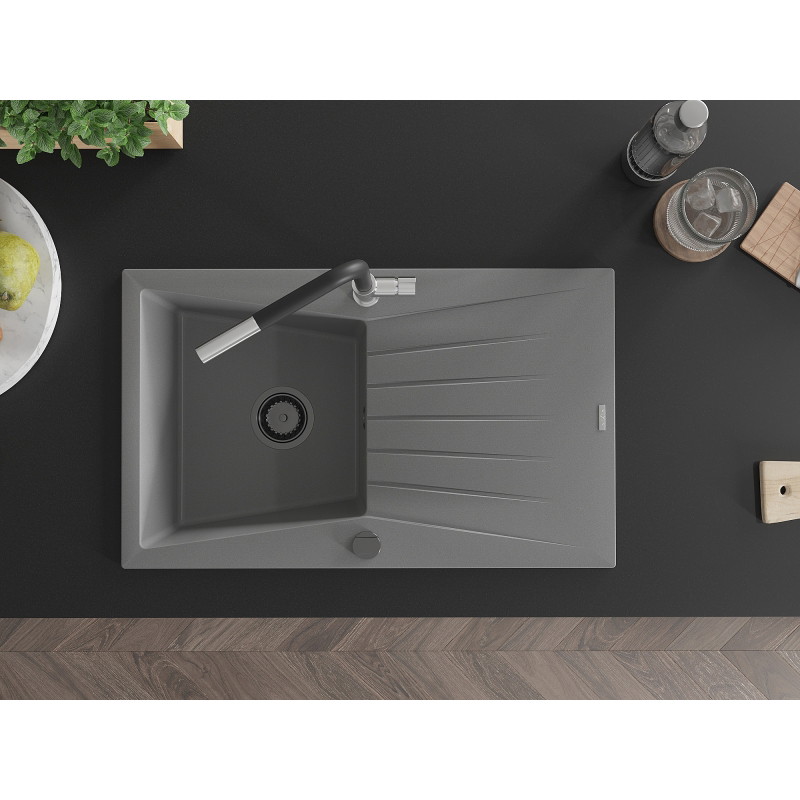 Mexen Cesar granite sink 1-bowl with drainer and Flora kitchen faucet, gray - 6514-71-670401-07-B