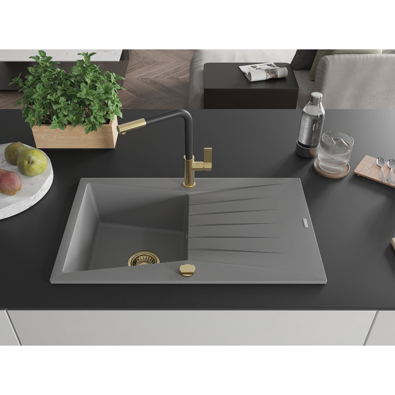Mexen Cesar 1-bowl granite sink with drainer and Flora kitchen faucet, gray - 6514-71-670401-57-G