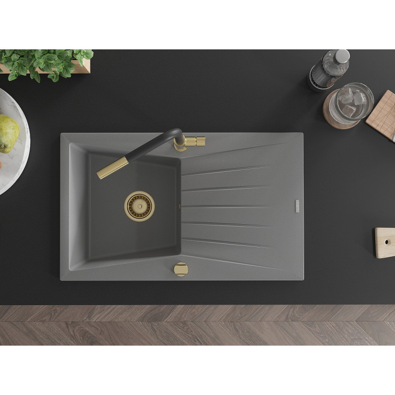 Mexen Cesar granite kitchen sink 1-bowl with drainer and Flora kitchen faucet, gray - 6514-71-670401-57-G