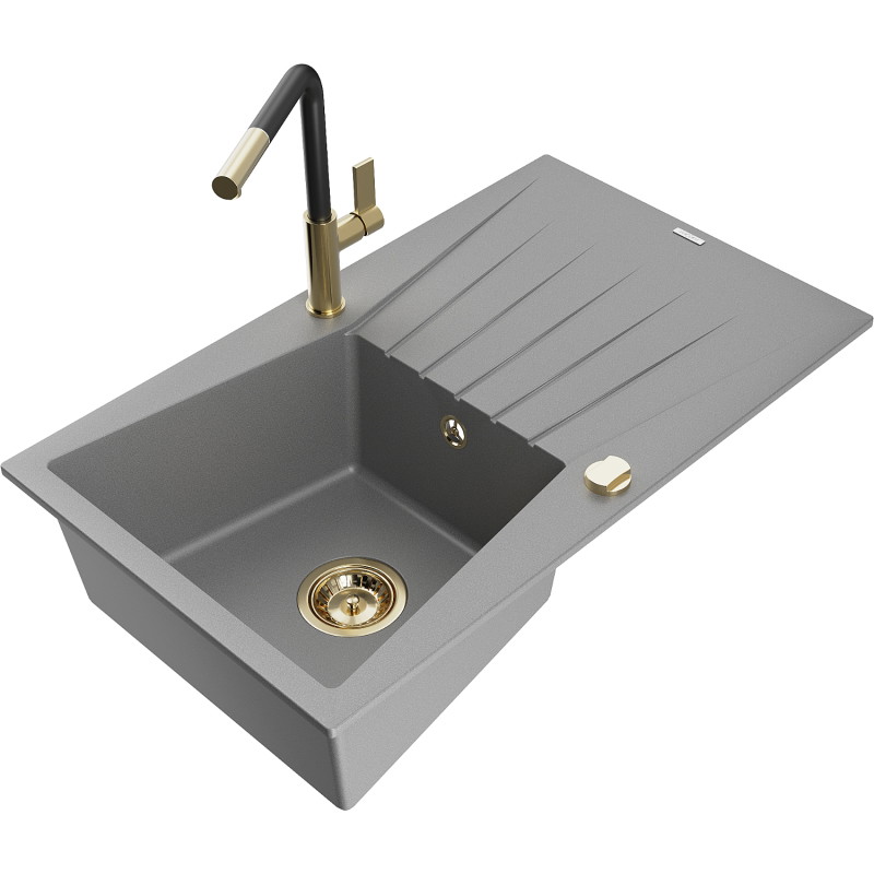Mexen Cesar 1-bowl granite sink with drainer and Flora kitchen faucet, gray - 6514-71-670401-57-G