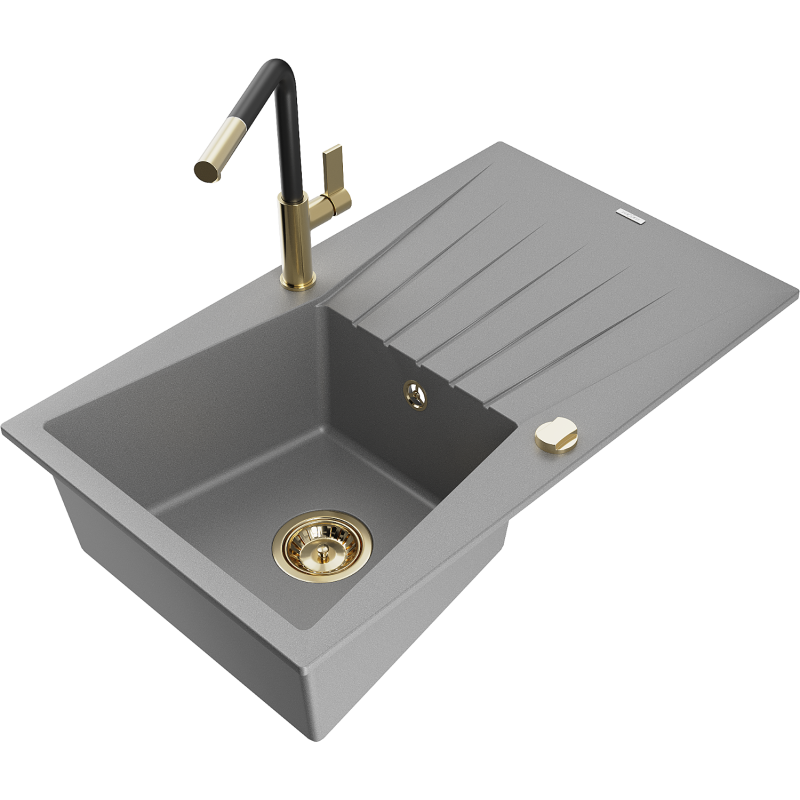Mexen Cesar 1-compartment granite sink with a drip tray and kitchen mixer tap Flora, Grey - 6514-71-670401-57-G