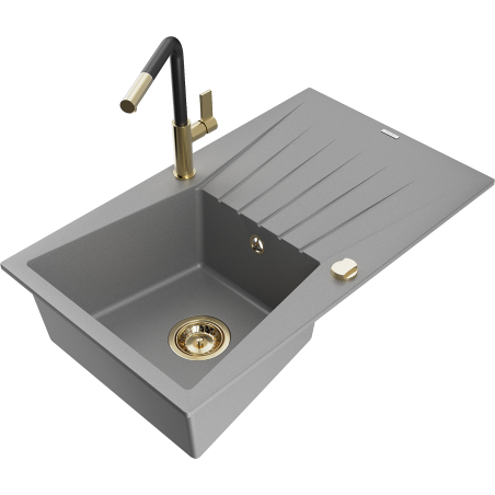 Mexen Cesar 1-compartment granite sink with a drip tray and kitchen mixer tap Flora, Grey - 6514-71-670401-57-G