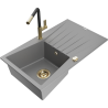 Mexen Cesar 1-compartment granite sink with a drip tray and kitchen mixer tap Flora, Grey - 6514-71-670401-57-G