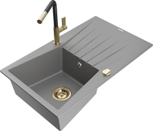 Mexen Cesar granite kitchen sink 1-bowl with drainer and Flora kitchen faucet, gray - 6514-71-670401-57-G