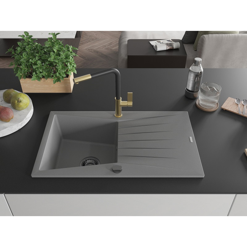 Mexen Cesar 1-bowl granite sink with drainer and Flora kitchen faucet, gray - 6514-71-670401-57-B