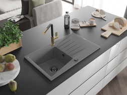 Mexen Cesar 1-bowl granite sink with drainer and Flora kitchen faucet, gray - 6514-71-670401-57-B
