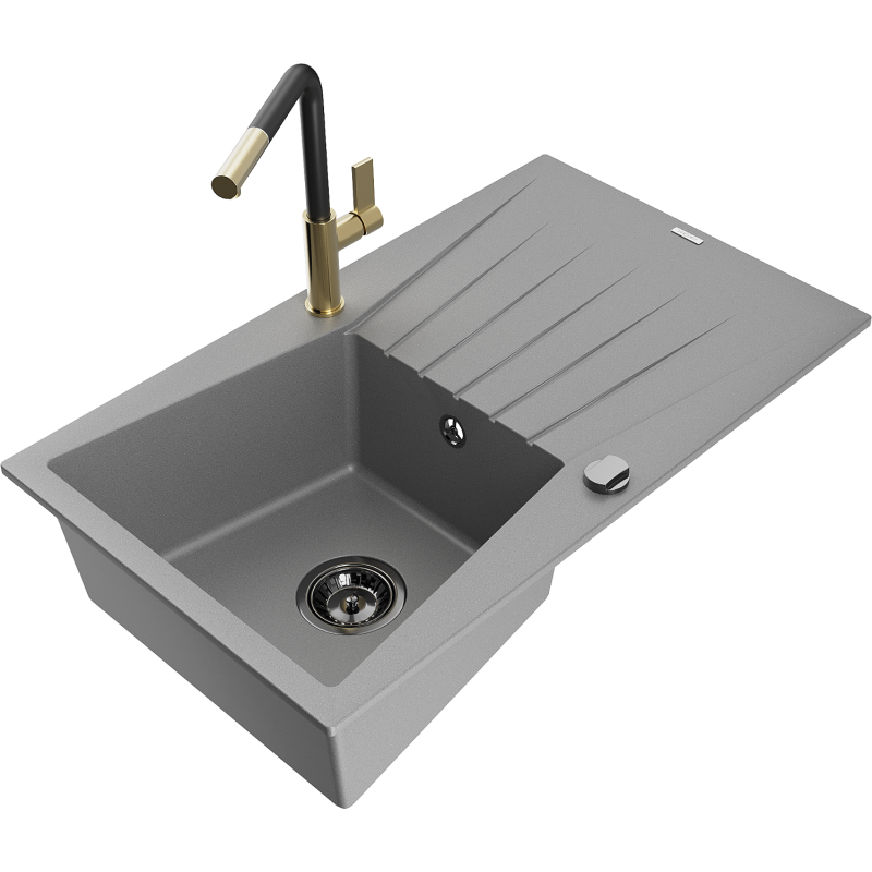 Mexen Cesar 1-compartment granite sink with a drip tray and kitchen mixer tap Flora, Grey - 6514-71-670401-57-B