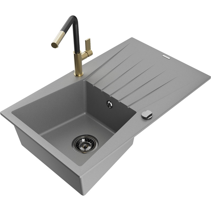 Mexen Cesar granite sink with 1 bowl, drainer, and Flora kitchen faucet, gray - 6514-71-670401-57-B