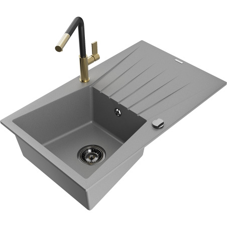 Mexen Cesar Granite Sink 1-Bowl with Drainer and Flora Kitchen Tap, Grey - 6514-71-670401-57-B