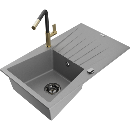 Mexen Cesar granite sink with 1 bowl, drainer, and Flora kitchen faucet, gray - 6514-71-670401-57-B
