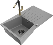 Mexen Cesar 1-compartment granite sink with a drip tray and kitchen mixer tap Flora, Grey - 6514-71-670401-57-B
