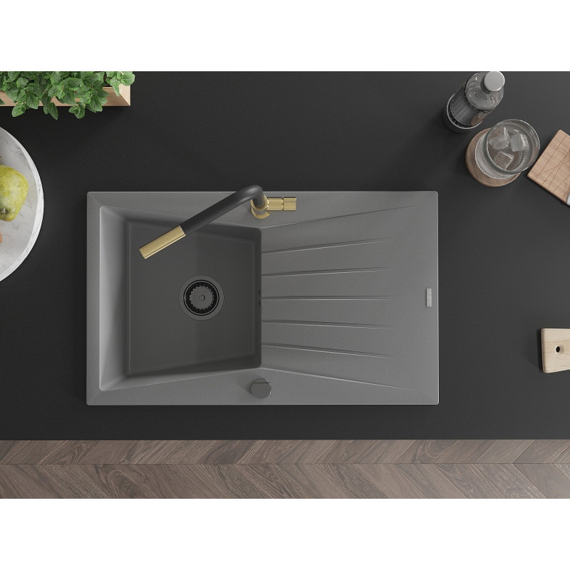 Mexen Cesar 1-bowl granite sink with drainer and Flora kitchen faucet, gray - 6514-71-670401-57-B