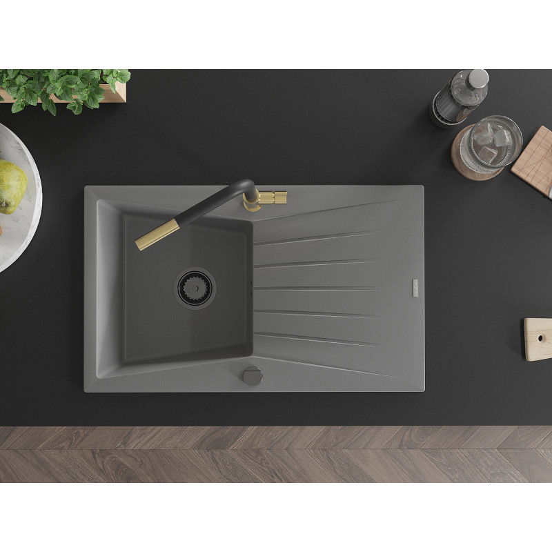 Mexen Cesar Granite Sink 1-Bowl with Drainer and Flora Kitchen Tap, Grey - 6514-71-670401-57-B