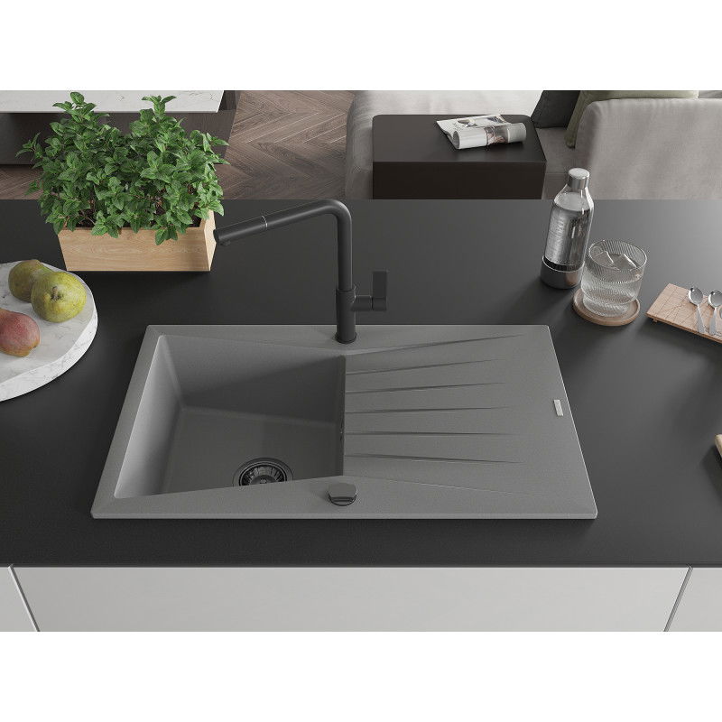 Mexen Cesar granite sink 1-bowl with drainer and Flora kitchen tap, grey - 6514-71-670401-70-B