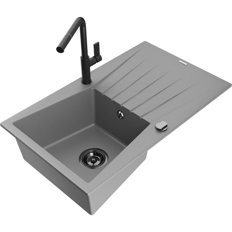 Mexen Cesar granite kitchen sink 1-bowl with drainer and Flora kitchen faucet, gray - 6514-71-670401-70-B