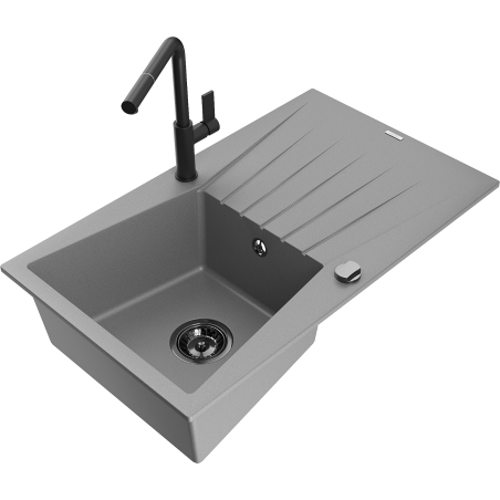 Mexen Cesar granite kitchen sink 1-bowl with drainer and Flora kitchen faucet, gray - 6514-71-670401-70-B