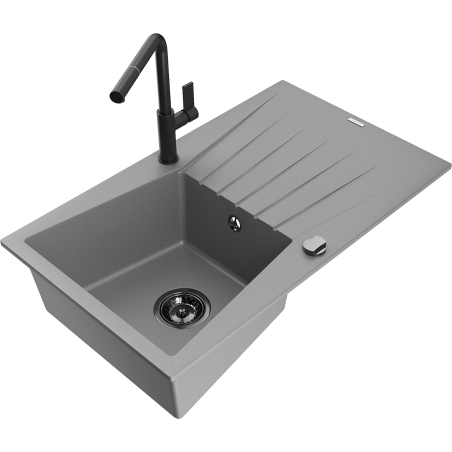 Mexen Cesar granite sink 1-bowl with drainer and Flora kitchen tap, grey - 6514-71-670401-70-B