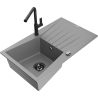 Mexen Cesar granite kitchen sink 1-bowl with drainer and Flora kitchen faucet, gray - 6514-71-670401-70-B