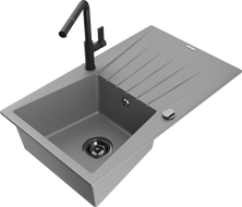 Mexen Cesar 1-compartment granite sink with a drip tray and kitchen mixer tap Flora, Grey - 6514-71-670401-70-B