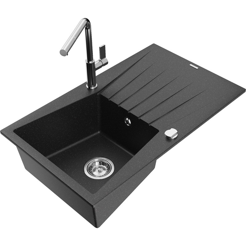 Mexen Cesar granite 1-bowl kitchen sink with drainer and Flora kitchen faucet, black/silver metallic - 6514-73-670401-00