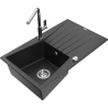 Mexen Cesar granite 1-bowl kitchen sink with drainer and Flora kitchen faucet, black/silver metallic - 6514-73-670401-00