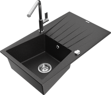 Mexen Cesar granite kitchen sink single bowl with drainer and Flora kitchen tap, black/silver metallic - 6514-73-670401-00