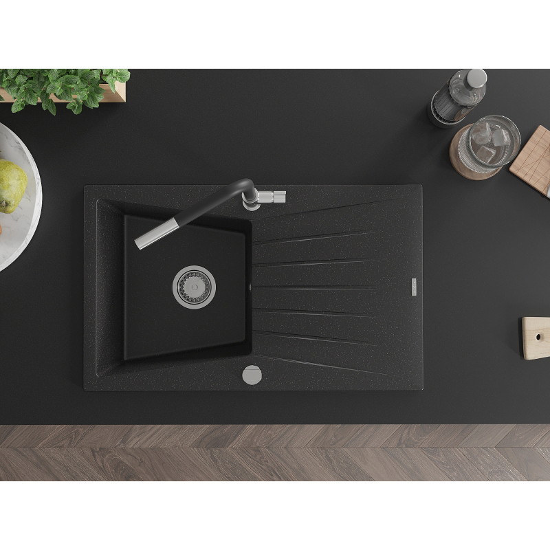 Mexen Cesar granite single-bowl sink with drainer and Flora kitchen faucet, black/silver metallic - 6514-73-670401-07