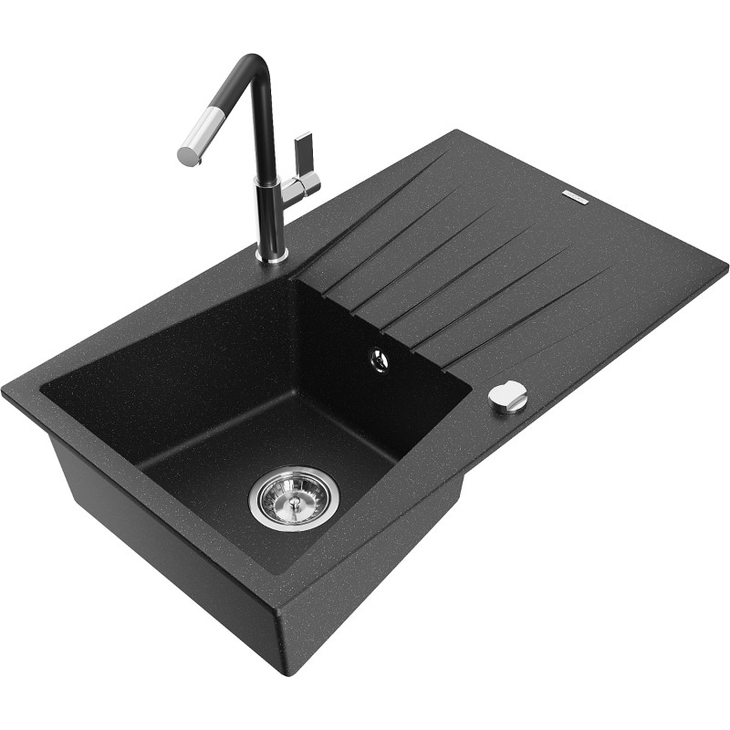 Mexen Cesar granite single-bowl sink with drainer and Flora kitchen faucet, black/silver metallic - 6514-73-670401-07