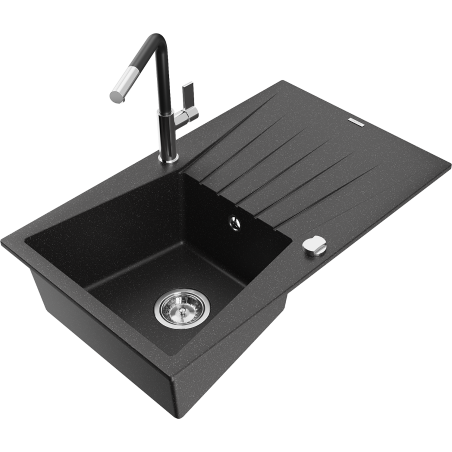 Mexen Cesar granite kitchen sink 1-bowl with drainer and Flora kitchen faucet, black/silver metallic - 6514-73-670401-07