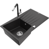 Mexen Cesar granite single-bowl sink with drainer and Flora kitchen faucet, black/silver metallic - 6514-73-670401-07