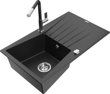Mexen Cesar granite kitchen sink 1-bowl with drainer and Flora kitchen faucet, black/silver metallic - 6514-73-670401-07
