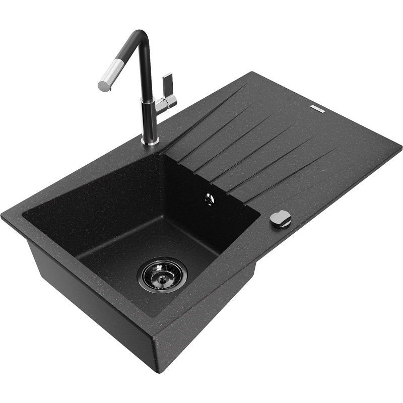 Mexen Cesar 1-compartment granite sink with a drip tray and kitchen mixer tap Flora, Black/Silver metallic - 6514-73-670401-07-B