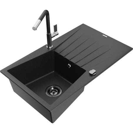 Mexen Cesar granite kitchen sink single bowl with drainer and Flora kitchen faucet, black/silver metallic - 6514-73-670401-07-B