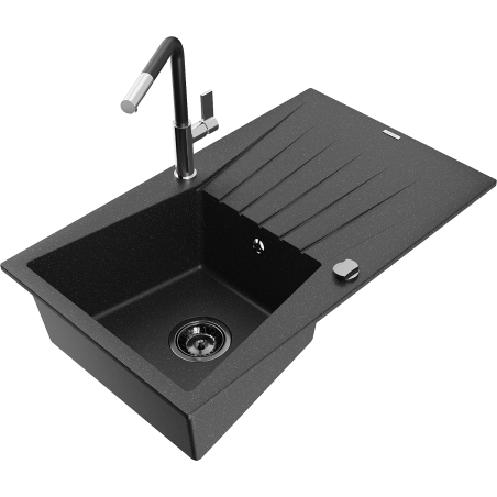 Mexen Cesar granite sink 1-bowl with drainer and Flora kitchen tap, black/silver metallic - 6514-73-670401-07-B
