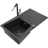 Mexen Cesar 1-compartment granite sink with a drip tray and kitchen mixer tap Flora, Black/Silver metallic - 6514-73-670401-07-B