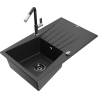 Mexen Cesar granite kitchen sink single bowl with drainer and Flora kitchen faucet, black/silver metallic - 6514-73-670401-07-B