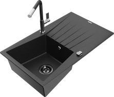 Mexen Cesar granite sink 1-bowl with drainer and Flora kitchen tap, black/silver metallic - 6514-73-670401-07-B