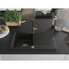 Mexen Cesar granite 1-bowl kitchen sink with drainer and Flora kitchen faucet, black/silver metallic - 6514-73-670401-57-G