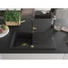Mexen Cesar granite kitchen sink 1-bowl with drainer and Flora kitchen tap, black/silver metallic - 6514-73-670401-57-G