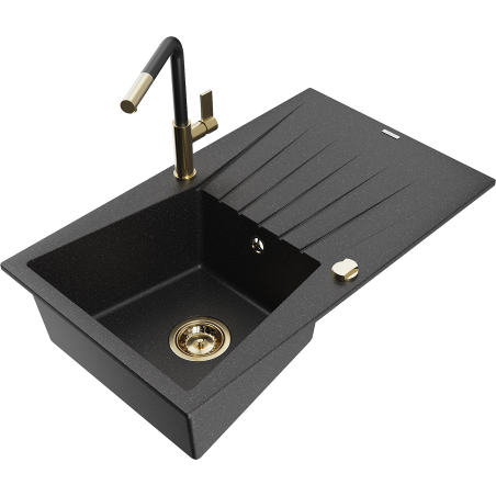 Mexen Cesar granite sink 1-chamber with drainer and Flora kitchen faucet, black/silver metallic - 6514-73-670401-57-G