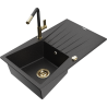 Mexen Cesar granite sink 1-chamber with drainer and Flora kitchen faucet, black/silver metallic - 6514-73-670401-57-G