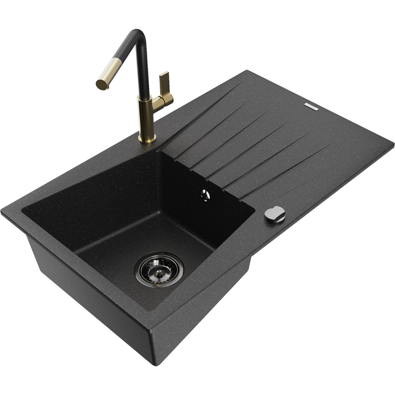 Mexen Cesar 1-compartment granite sink with a drip tray and kitchen mixer tap Flora, Black/Silver metallic - 6514-73-670401-57-B