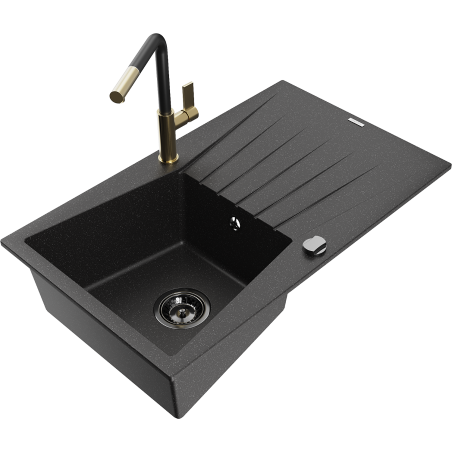 Mexen Cesar 1-bowl granite kitchen sink with drainer and Flora kitchen faucet, black/silver metallic - 6514-73-670401-57-B