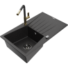 Mexen Cesar 1-compartment granite sink with a drip tray and kitchen mixer tap Flora, Black/Silver metallic - 6514-73-670401-57-B