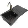 Mexen Cesar granite sink 1-bowl with drainer and Flora kitchen tap, black/silver metallic - 6514-73-670401-57-B