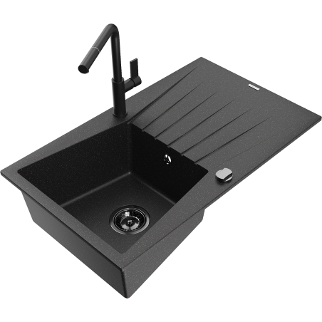 Mexen Cesar 1-bowl granite sink with drainer and Flora kitchen tap, black/silver metallic - 6514-73-670401-70-B