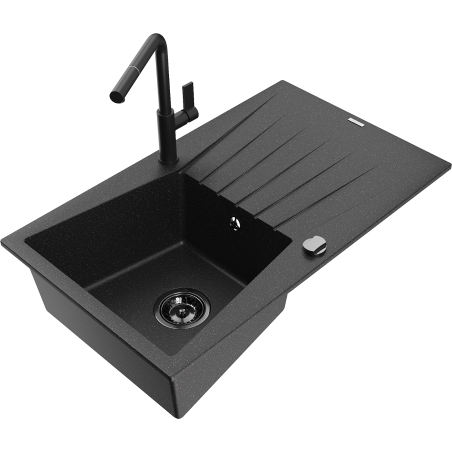 Mexen Cesar granite kitchen sink single-bowl with drainer and Flora faucet, black/silver metallic - 6514-73-670401-70-B