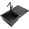 Mexen Cesar 1-bowl granite sink with drainer and Flora kitchen faucet, black/silver metallic - 6514-73-670401-70-B