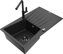 Mexen Cesar 1-compartment granite sink with a drip tray and kitchen mixer tap Flora, Black/Silver metallic - 6514-73-670401-70-B