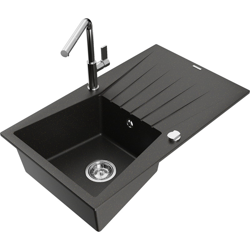 Mexen Cesar 1-bowl granite kitchen sink with drainer and Flora faucet, black/gold metallic - 6514-75-670401-00